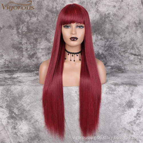 Vigorous Long Straight Wig with Bangs Wine Red Color Synthetic Hair Wigs for Women Heat Resistant Fiber Wholesale Price